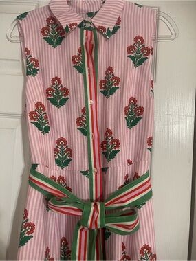 Boden Pink Striped Sleeveless Floral Midi Dress with Green-Striped Tie
